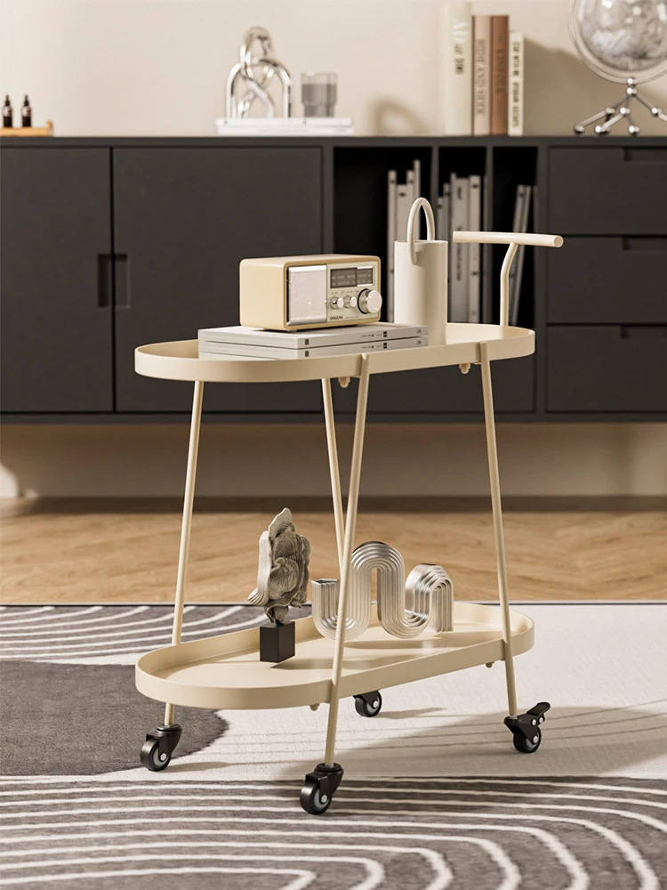 Creative Cream Style Mobile Side Table Home Living Room Small Cart Double Layer Storage Shelf Mini Tea Table