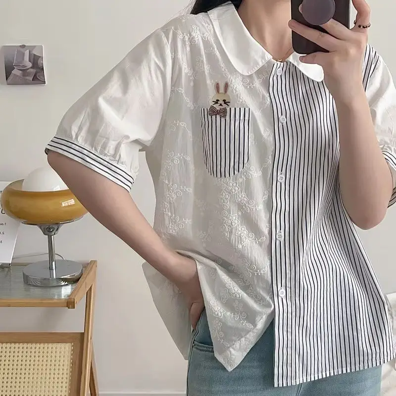 100% Cotton Blouses Women 2024 Japan Style Cartoon Embroidery Blouses Shirt Short Sleeve Striped Patchwork Shirt Tops