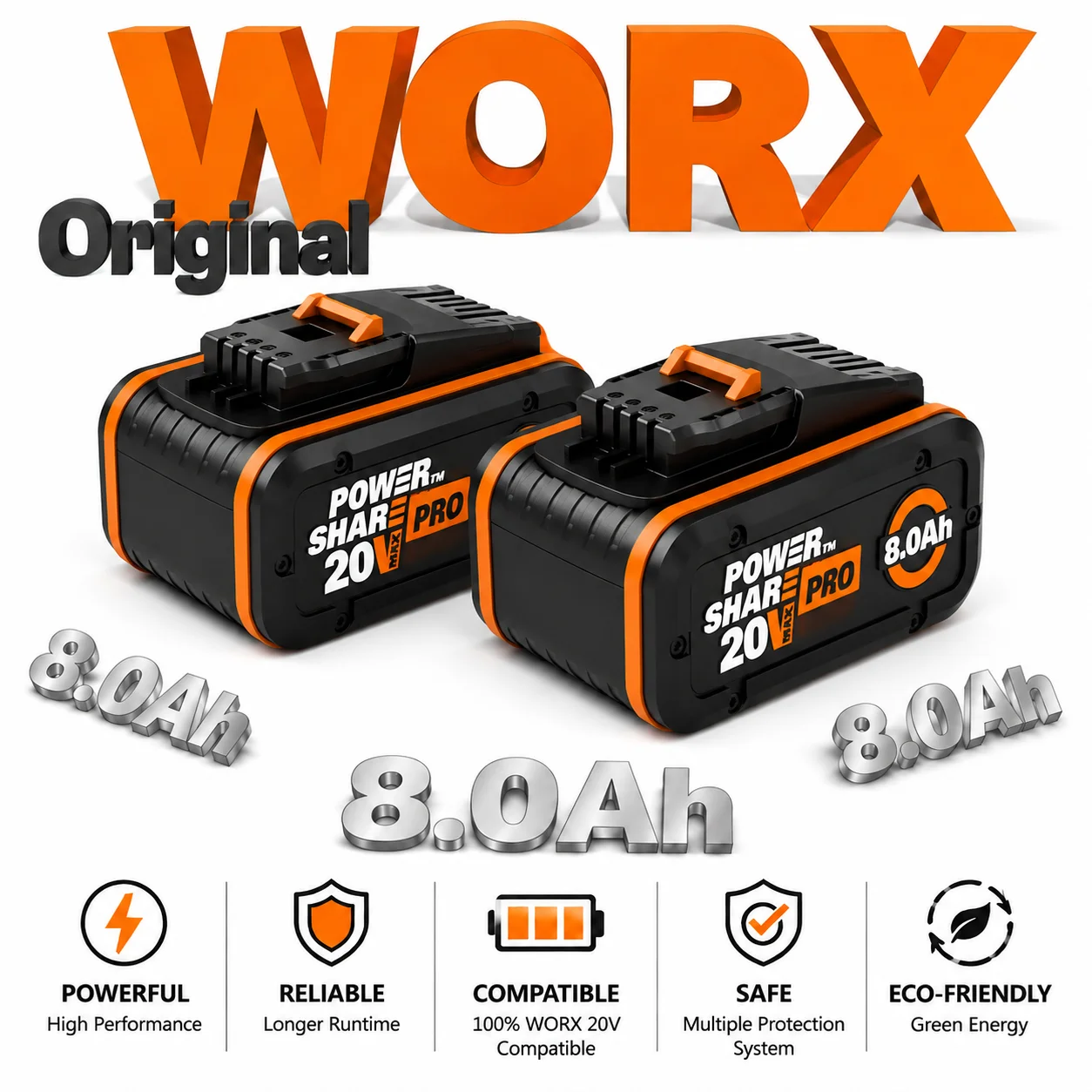 Batteria di ricambio agli ioni di litio 20V 8000mAh 8.0Ah, disponibile in magazzino in Polonia, compatibile con gli utensili elettrici ricaricabili Worx WA3551, WA3553, WX176, WX550, WX386, WX373,