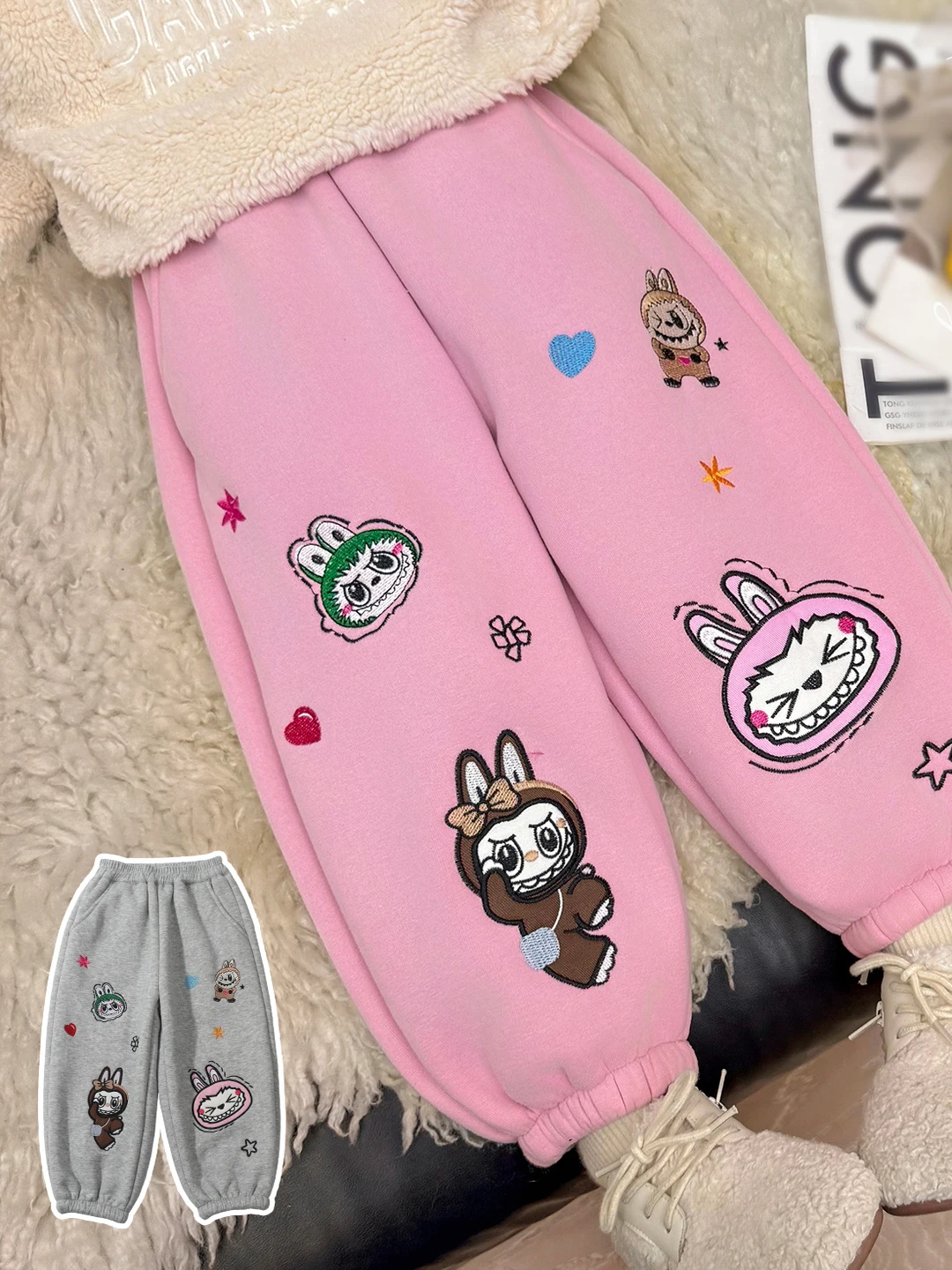 

Thiened Fce Lined Children's Winter Pants Embroidered Dstring Trousers Faionable Girls' Autumn Winter New Sle War...