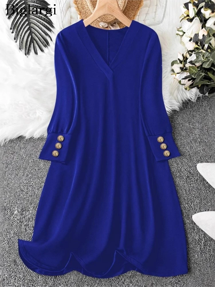 Plus Size Autumn V-Neck Dress Women Ruffle Pleated Fashion Loose Ladies Dresses Long Sleeve Casual Woman Dress