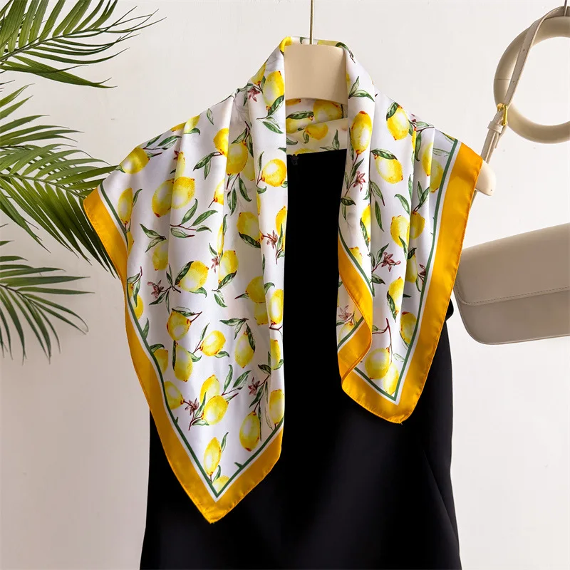 

Trendy Yellow Lemon Print Silk Scarf 70x70cm 2025 Women's Square Headband for Casual Elegant Look