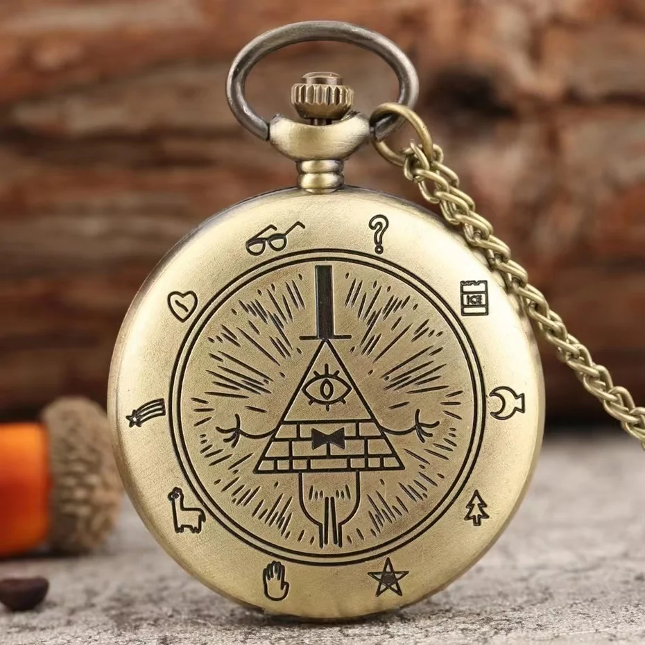 

Retro Bronze Pocket Watch Dice DND Metal Dice With Necklace Chain Bill Cipher Pocket Watch Dice Box Dice Case For Xmas Gifts
