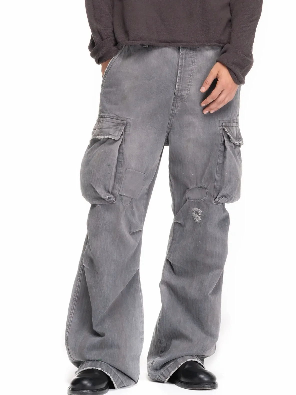 

No faith studios herringbone twill grey ripped patch paint multi-pocket overalls