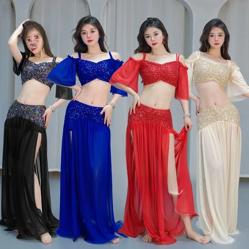 

Women's Elegant Temperament Set Girls' Oriental Dance Advanced Sequin Mesh Training Costumes Belly Dancing Practice Clothes