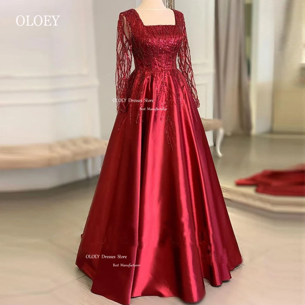 

OLOEY Red Lace Shiny Sequin Evening Dresses Satin Modest Long Sleeves Square Neck Women Bridal Formal Prom Gowns Celebrity Dress