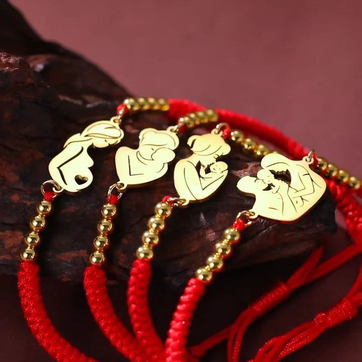 Edelstahl Goldfarben Baby Mama Familie Charm Armband Rot-Schwarzes Seil Armbänder Modeschmuck für Frauen Muttertag Geschenk