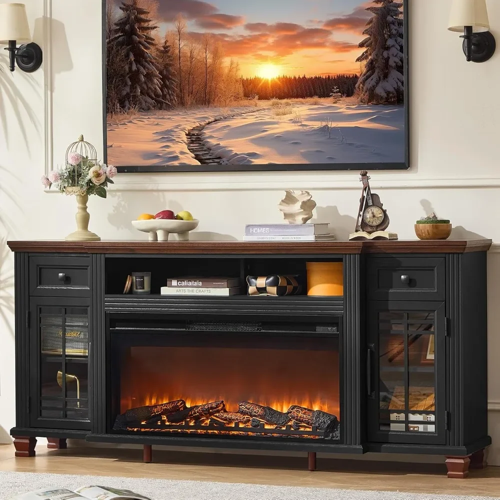 

52" Farmhouse TV Stand with Electric Fireplace 2 Drawers And Glass Door Cabinet for 65" TVs - Silent Entertainment Center