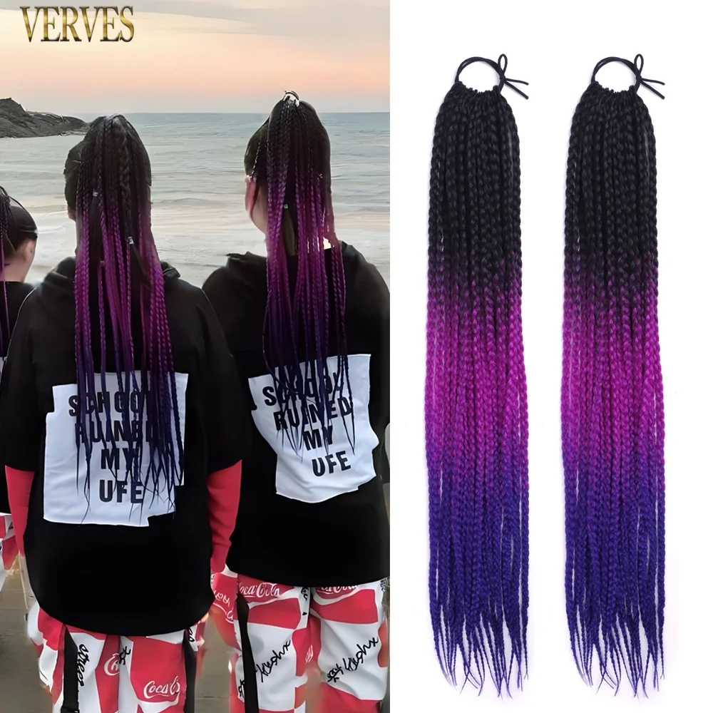 

2 шт., наращивание хвоста в коробке, синтетический красочный хвост с эффектом омбре с лентами для женщин и девочек, фестиваль, косплей, фиолетовые косы