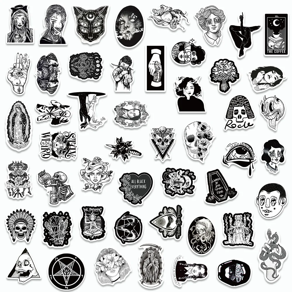 50PCS Gothic Punk Style Stickers Cool Black White Decal For Refrigerator Laptop Water Cup Skateboards Window Graffiti Stickers