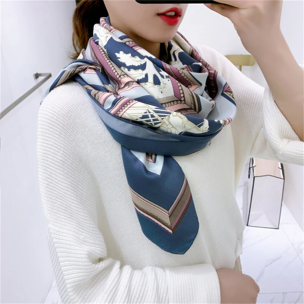 100% Twill Silk Scarf Women Horse Carriage Print Square Scarves Large Bandana Female Head Scarf Hijab Foulards 130CM Kerchief