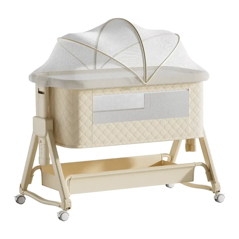 Easy Folding Aluminum Alloy Baby Bedside Crib with Storage Basket Wheels Adjustable Mosquito Net Portable Cradle for Home