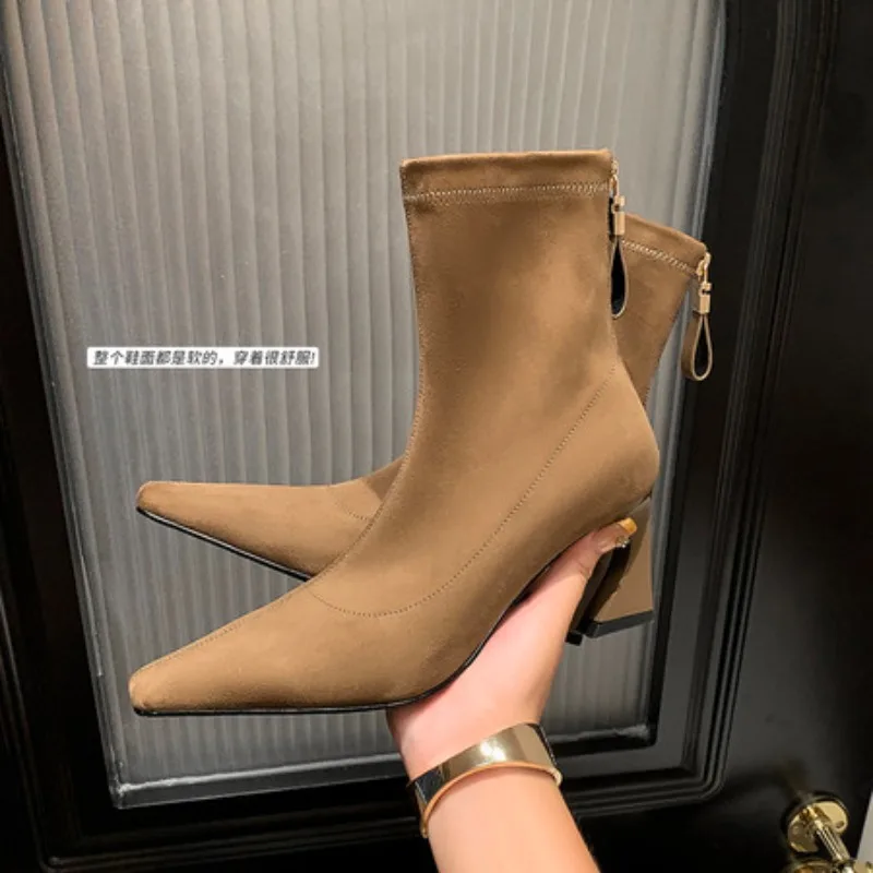 

Sexy High Heels Ankle Boots for Women Pointed Toe Runway Shoes Woman Black Coffee Stretch Boots Heeled Short Boots Woman