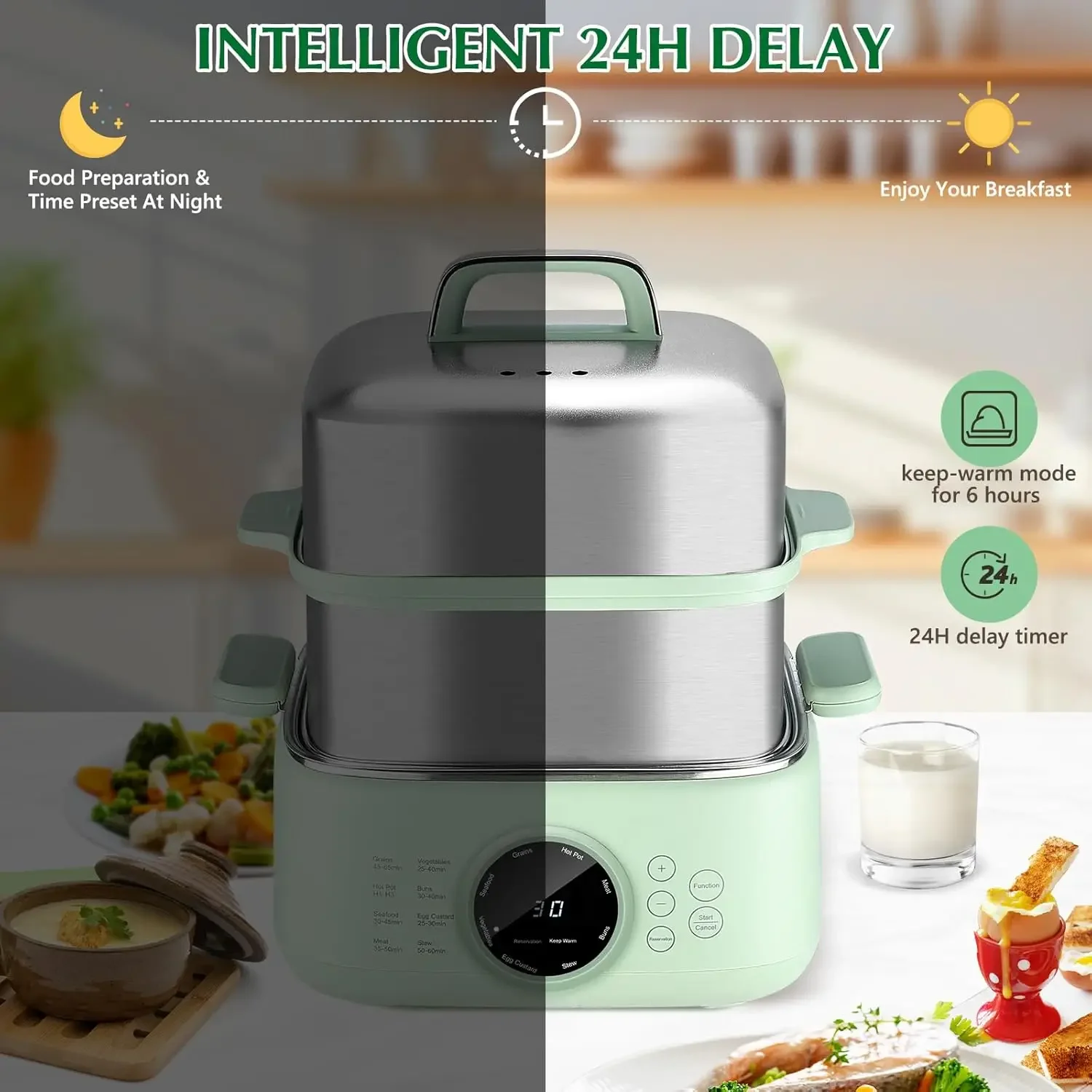 Electric Food Steamer, 9.3L 2-Tier Digital Steamers for Cooking with 24H Booking & 6H Auto Warming, 8 Modes Fast Heating Vegetab
