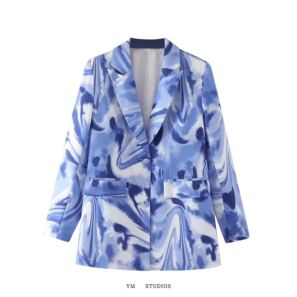 

Свободный женский жакет с длинными рукавами и воротником-стойкой, фарфорово-синий, в уличном стиле, на одной пуговице, модный, укороченный, в западном стиле