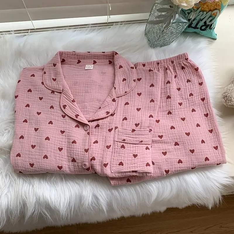 Cotton Double-layer Gauze Pajamas For Women's Fashion Cute Carrot Print Long Sleeve Tops + Pant Home Clothing Two-piece Set