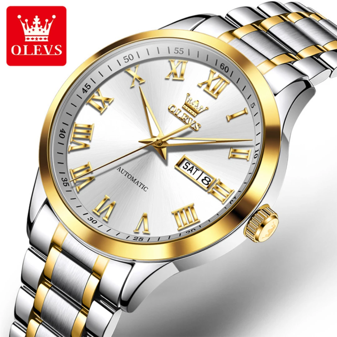 

OLEVS 7075, модные механические часы, подарок, ремешок для часов из нержавеющей стали, наручные часы с круглым циферблатом, дисплей недели, светящийся календарь