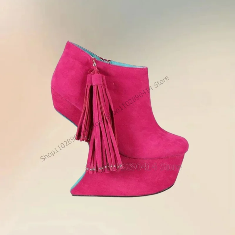 

Rose Red Tassels Decor Strange Style Heels Ankle Boots Side Zipper Women Shoes Novel Fashion Banquet 2023 Zapatos Para Mujere