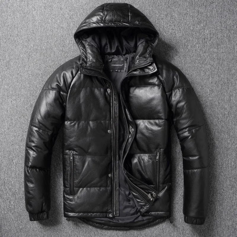 

2024 New Black The First Layer Of Cowhide Down Jacket Leather Men's Hooded Youth Winter Thick Warm Large Size Casual Coats