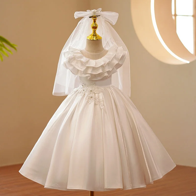 Ruffle Satin Dress For Kids Girls White Formal Gown For Valentine's Day Party Wedding Prom Ball Dance Performance Elegant Fancy