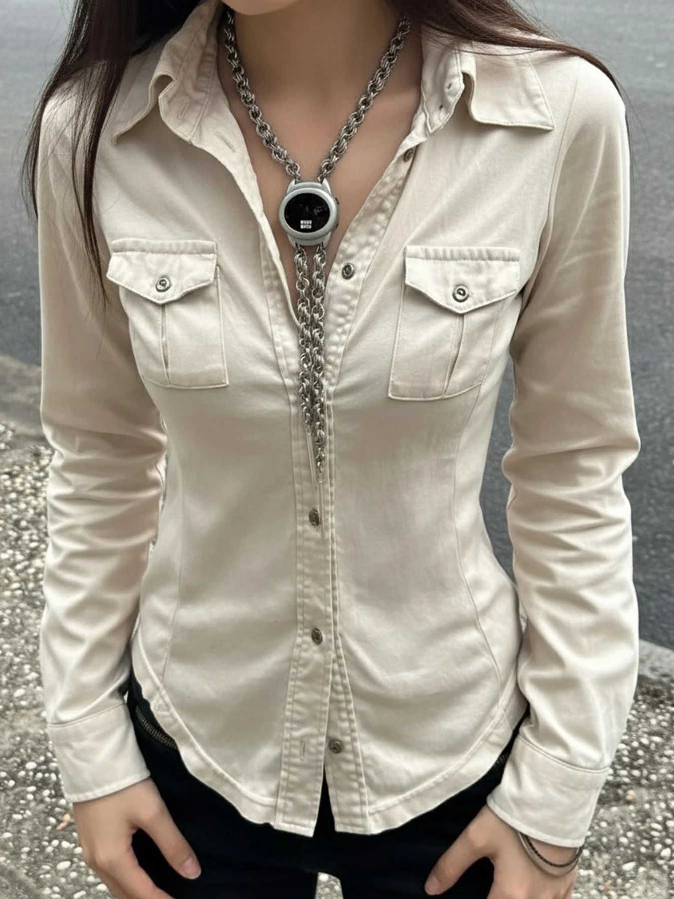 

Street Style Pure Color Simple Workwear Long Sleeve Shirt Women's Versatile Slim Fit Waist Cinching Top WEEKEEP
