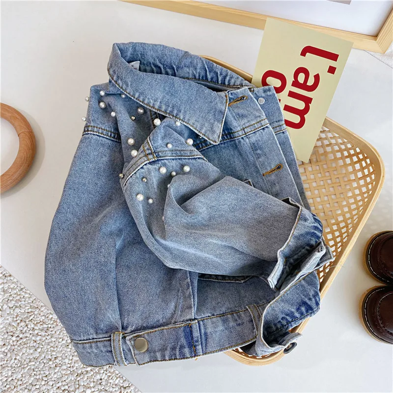 3-10 year old girl denim jacket 2024 new children\'s pearl long sleeved denim jacket baby Korean version personalized fashioncoat