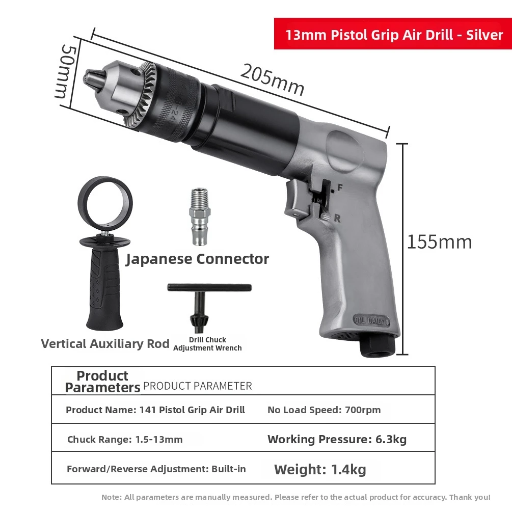 Heavy=Duty Pneumatic Drill 13mm 10mm Reversible Air Tool With Adjustable Speed=For Metal Wood Working For Industrial Manufacture