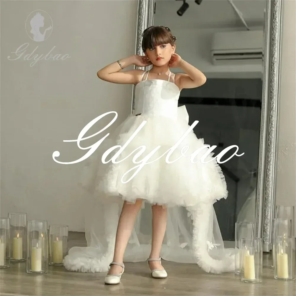 

Pleat Spaghetti Strap Sleeveless Princess Wedding Flower Girl Dress Bow Knee Length Sweep Train First Communion Gown Customized