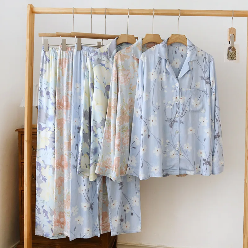 Spring and Summer 2024 New Women\'s Pajamas Set Cotton Silk Gongsatin High End Large Flower Home Furnishing Long Sleeve Pants