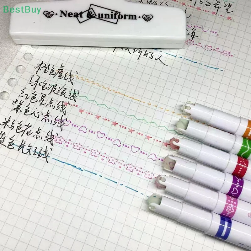 6Pcs Magic Border Pen With 6 Different Curve Shapes Fine TipsHighlighter Pen Set For Writing Christmas Card, Drawing, Notting