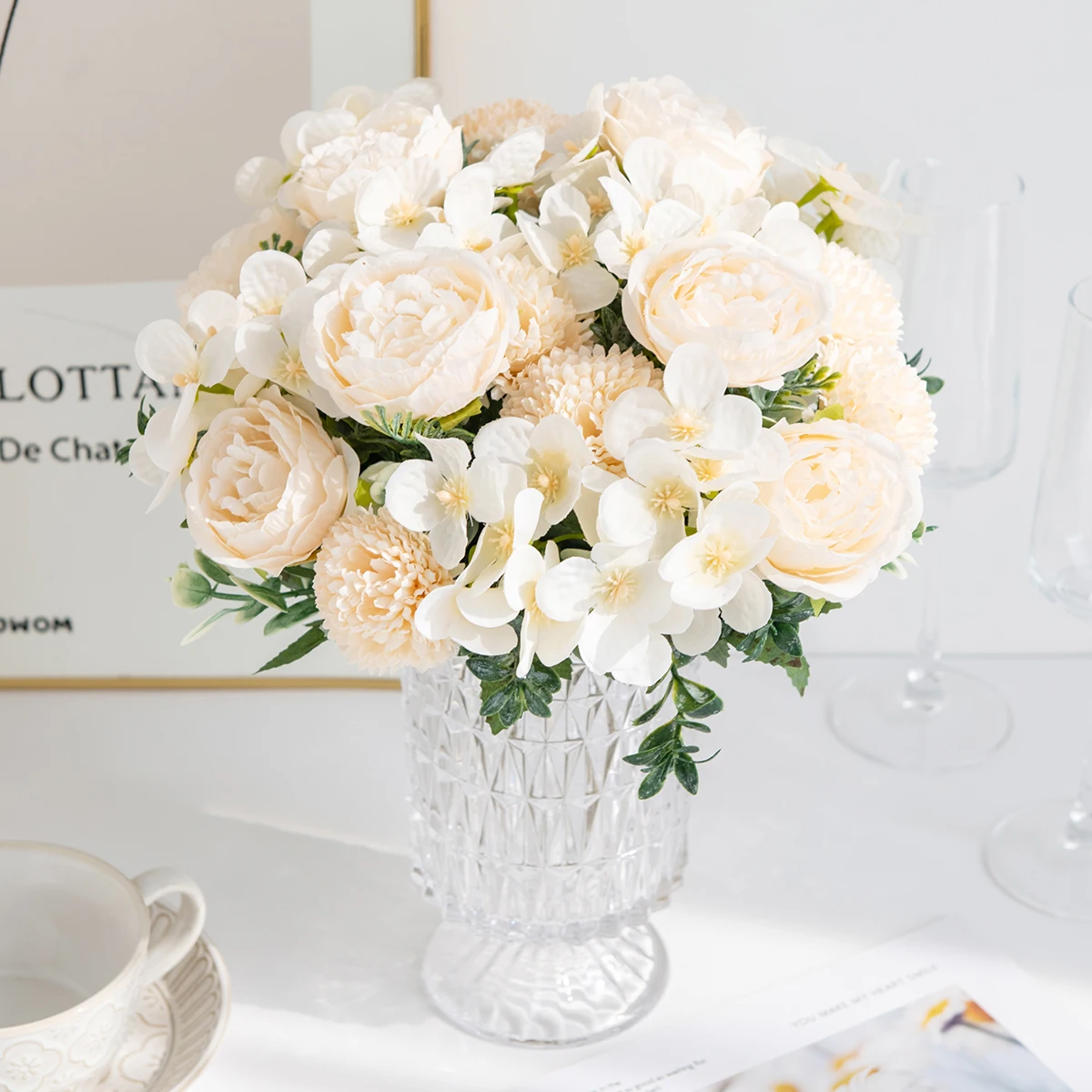 Künstliche Blumen Seiden-Pfingstrosen Chrysanthemen für Außenbereich Garten Hochzeit Brautsträuße Heim Zimmer Vasen Festival Party DIY Geschenke – Detail 4