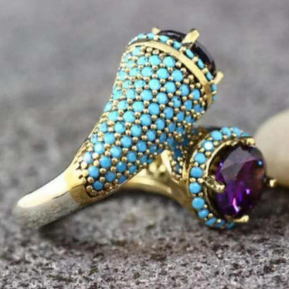 A 14k gold turquoise purple zircon punk ring, couple's holiday gift, purple accessory view 2