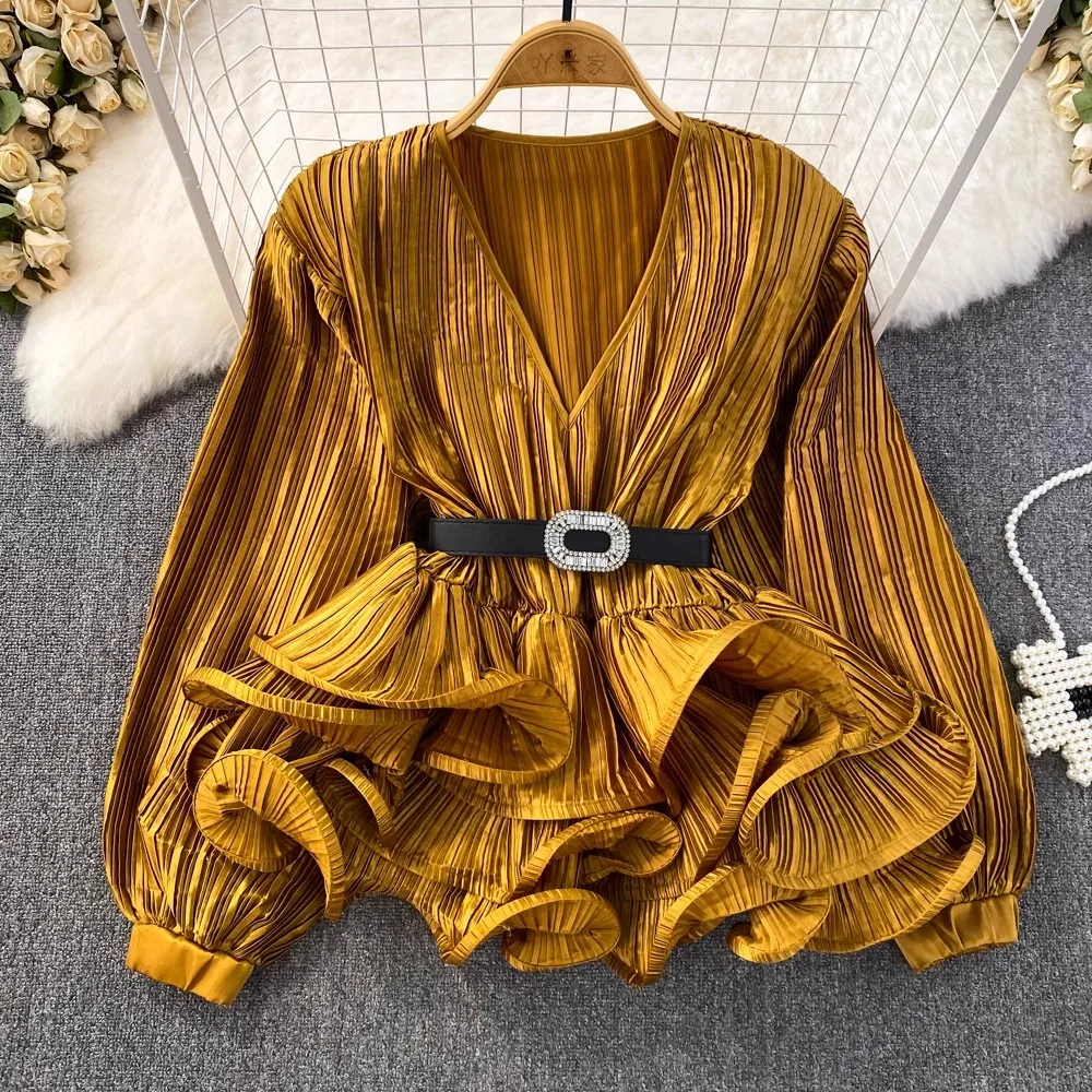 2024 New Tide Fashion High Quality Solid V Neck Belt Ruffles Patchwork Slim Blouse Women Basics Shirt Tops