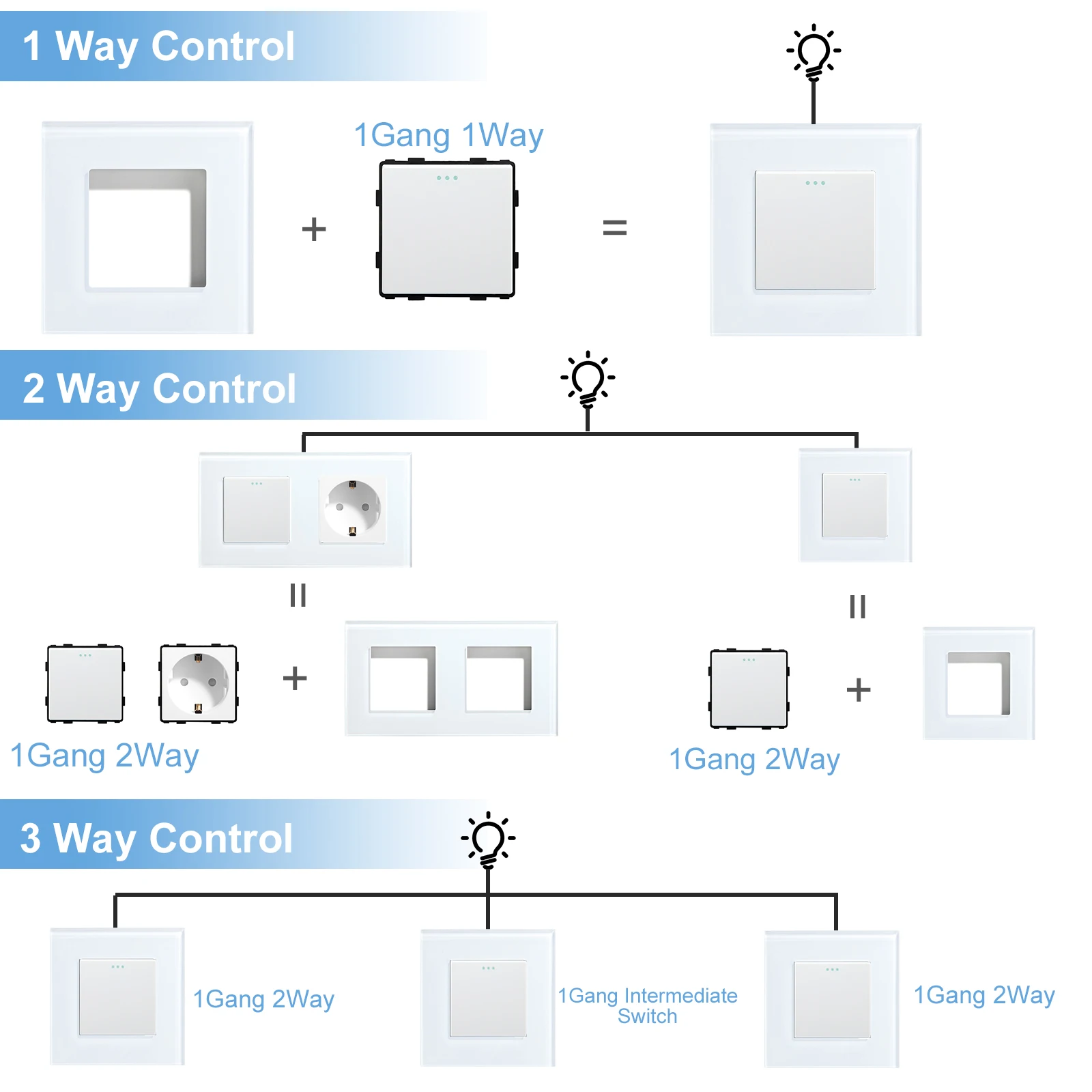 Bseed interruptor de botón mecánico, 1, 2, 3 Entradas, 1, 2 vías, campana de puerta de pared, pieza de función DIY para decoración del hogar, solo piezas de Panel de vidrio