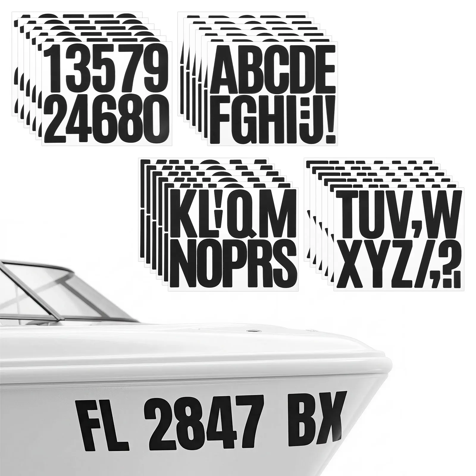 24PCS Boat Registration Number Letter Vinyl Decal Kit 3 Inch Fuel Resistant Black Boat Registration Sticker for Yacht Motorboat