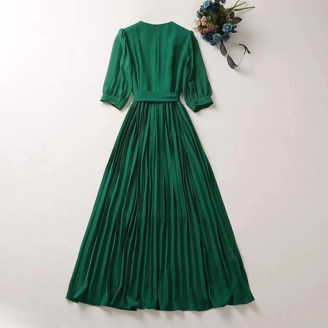 European and American women's clothes 2023 spring new Five-point sleeve V-neck pinned beaded floral Pleated Dress Green XXL