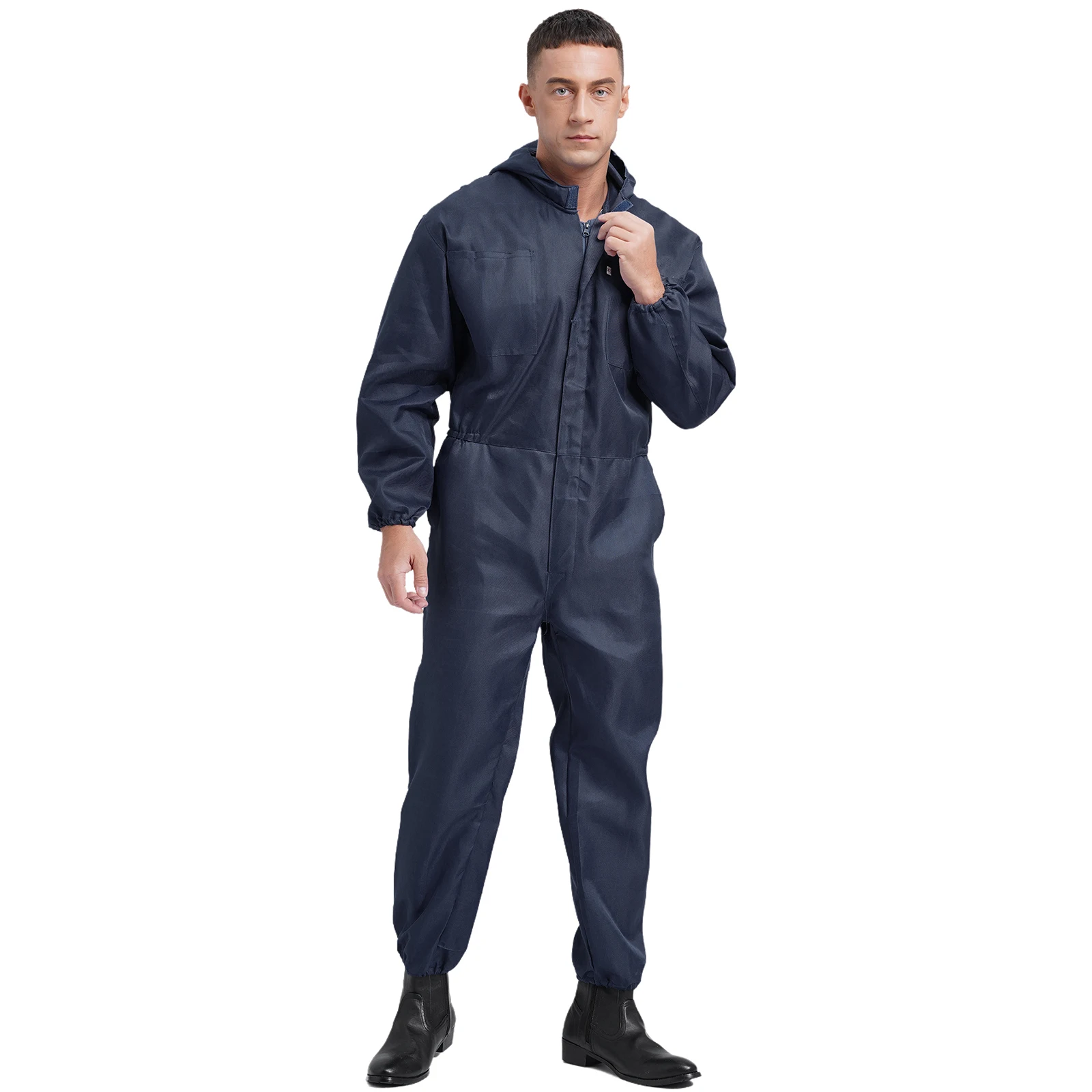 

Mens Dustproof Hooded Coverall Garment Long Sleeve Half Zipper Big Pockets Overalls Jumpsuit Dungarees for Workshop Work Clothes