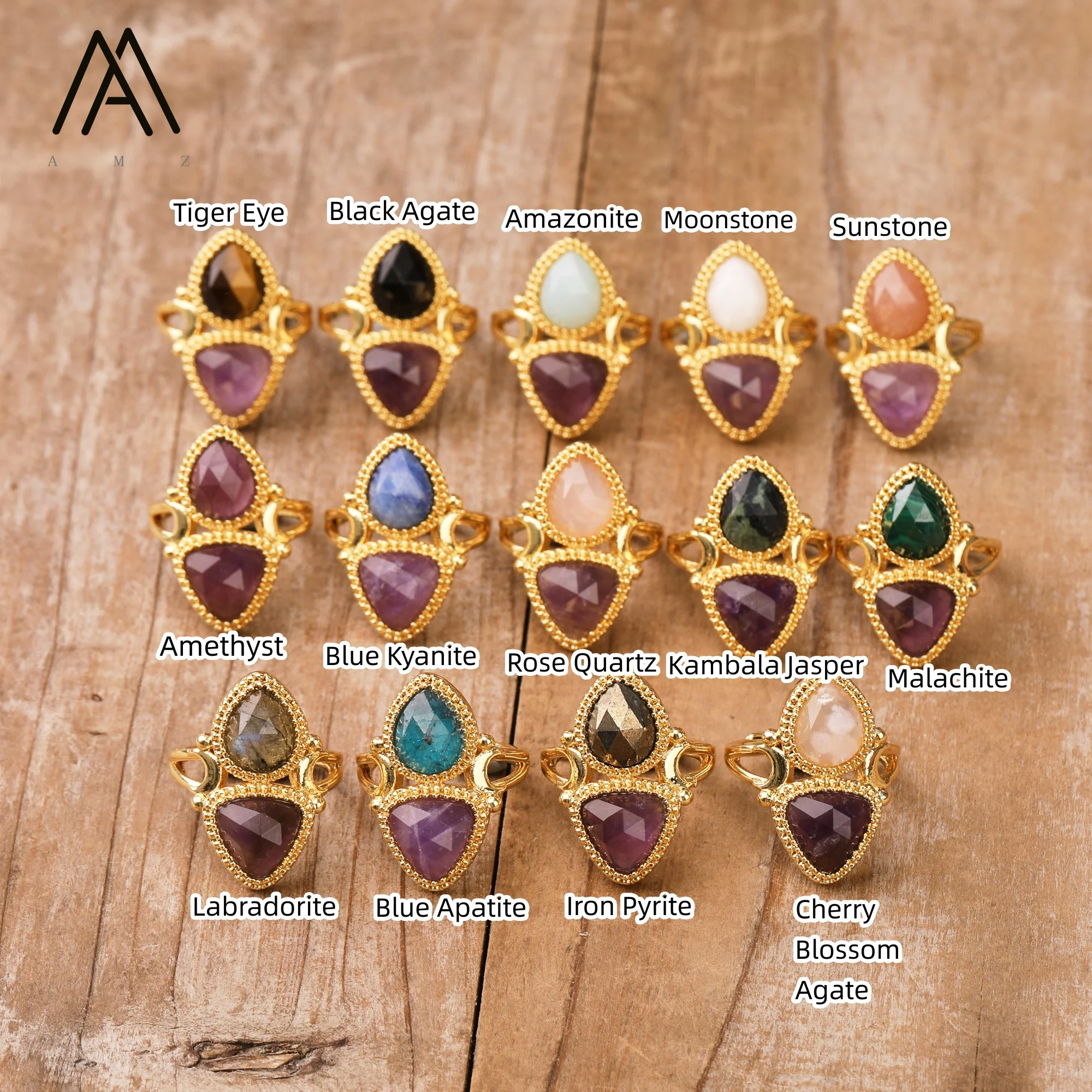Designer Amethysts Rings Natural Crystal Gemstone Drop Triangle Shape Adjustable Ring Wedding Jewelry