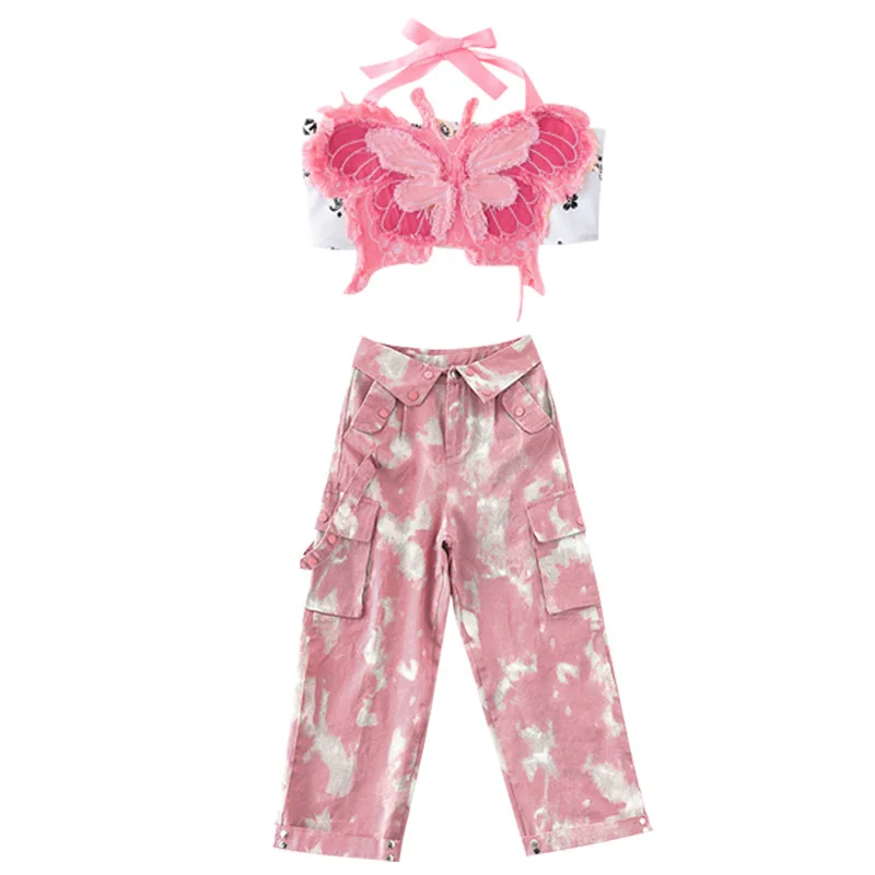 [5-17 Years Old]Girls Crop Top Cotton Top Girl Short Butterfly Jazz Dance Costume Girl Fancy Suit Korean Style Girl