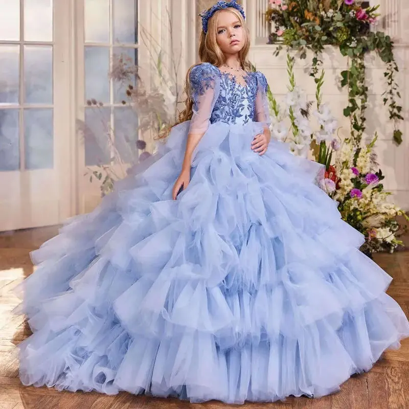 Flower Girls Dress For Weddings Half Sleeves Lace Appliques Crystal Princess Birthday Girl Pageant Gowns Sweep Train Light Blue