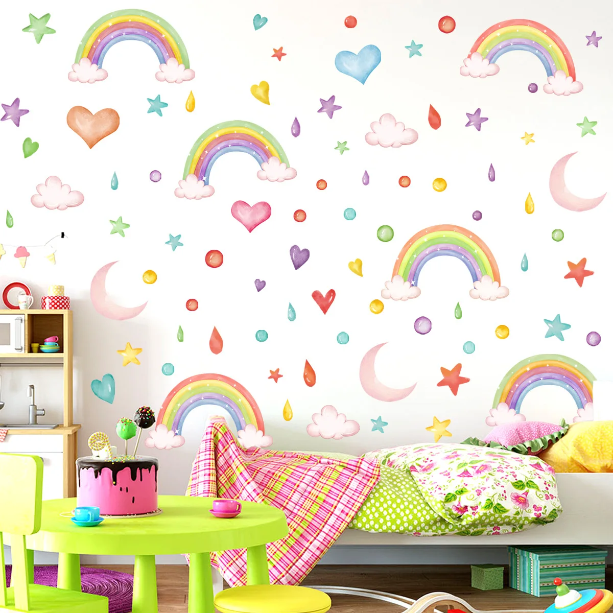 Creative Rainbow Colorful Raindrops Wall Stickers Nursery Girls Baby Bedroom Decoration Wallpaper DIY Self-adhesive Wall Decals