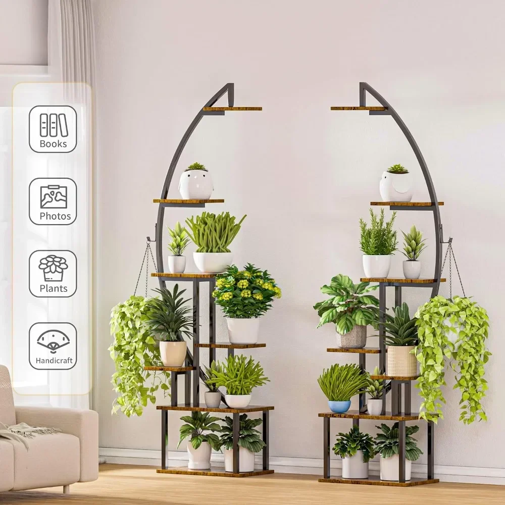 Indoor plants stand,with Grow Light, 7 Tiered Metal Shelf, Half-Moon Shape Rack Living Room, Patio, Balcony