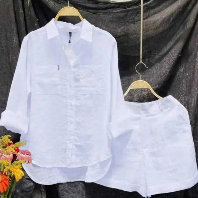 Casual White Long Sleeve Shirt&Shorts Matching Suit Outfit Summer Fashion Linen Casual Home 2 Piece Set Women Suits Traje Corto