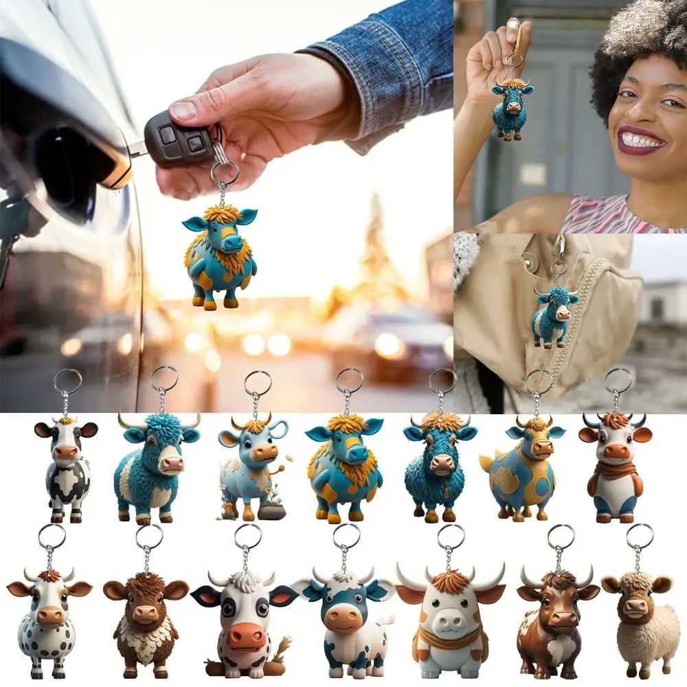Porte-clés de voiture de dessin animé mignon, porte-clés de bétail Highland, porte-clés de yak en acrylique créatif, pendentif de sac à dos, porte-clés de vache, accessoires de voiture, 3,15 pouces