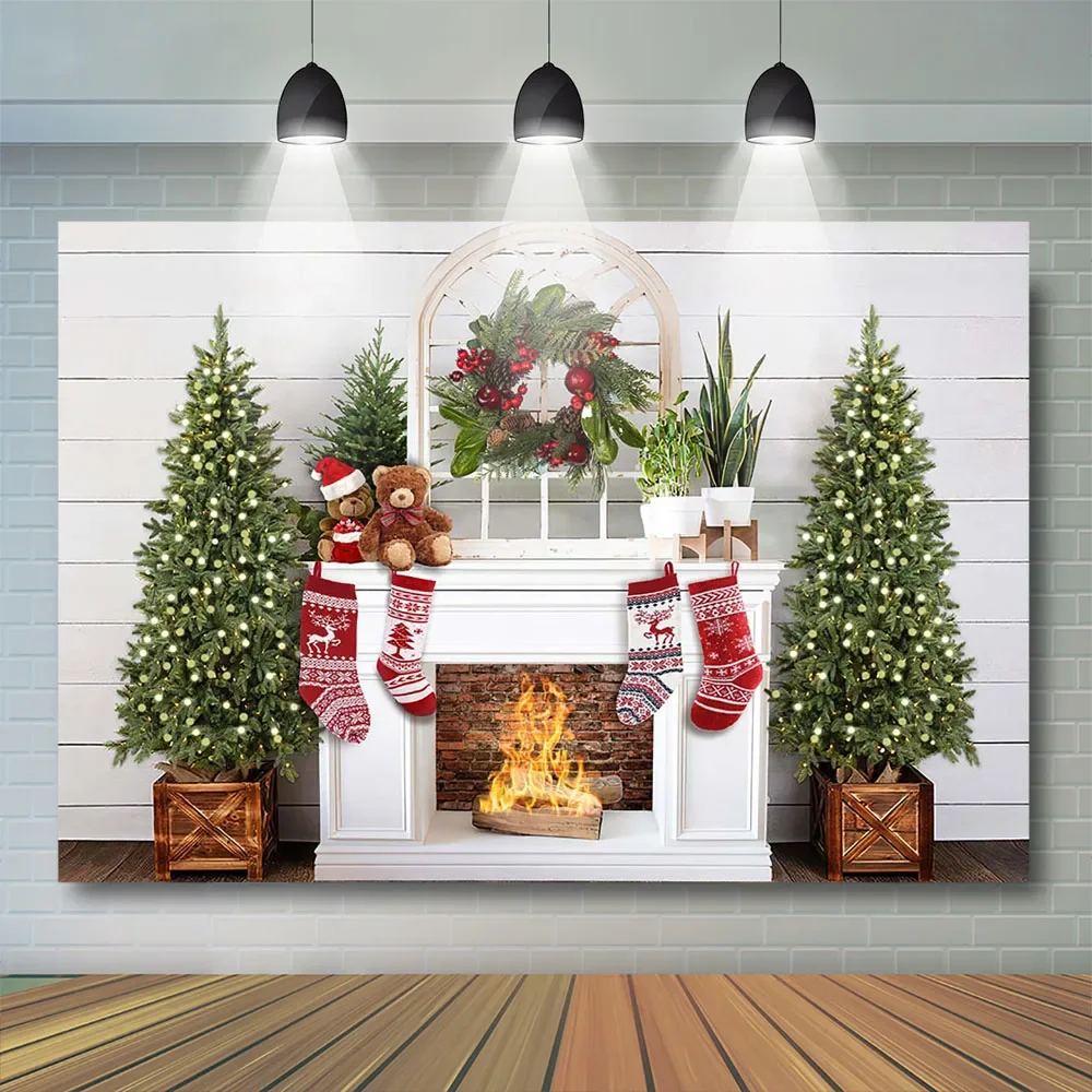 Рождественский фон для камина, детская фотосессия, деревянная стена, зимние деревья, фон, венок, Санта-Клаус, носки, детская фотостудия
