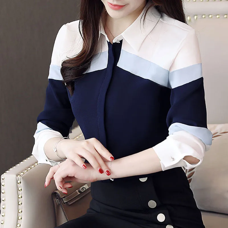 Women\'s Clothing Long Sleeve Solid Color Spliced Shirt Fashion Spring Autumn Commute Office Lady Polo-Neck Slim Button Blouses