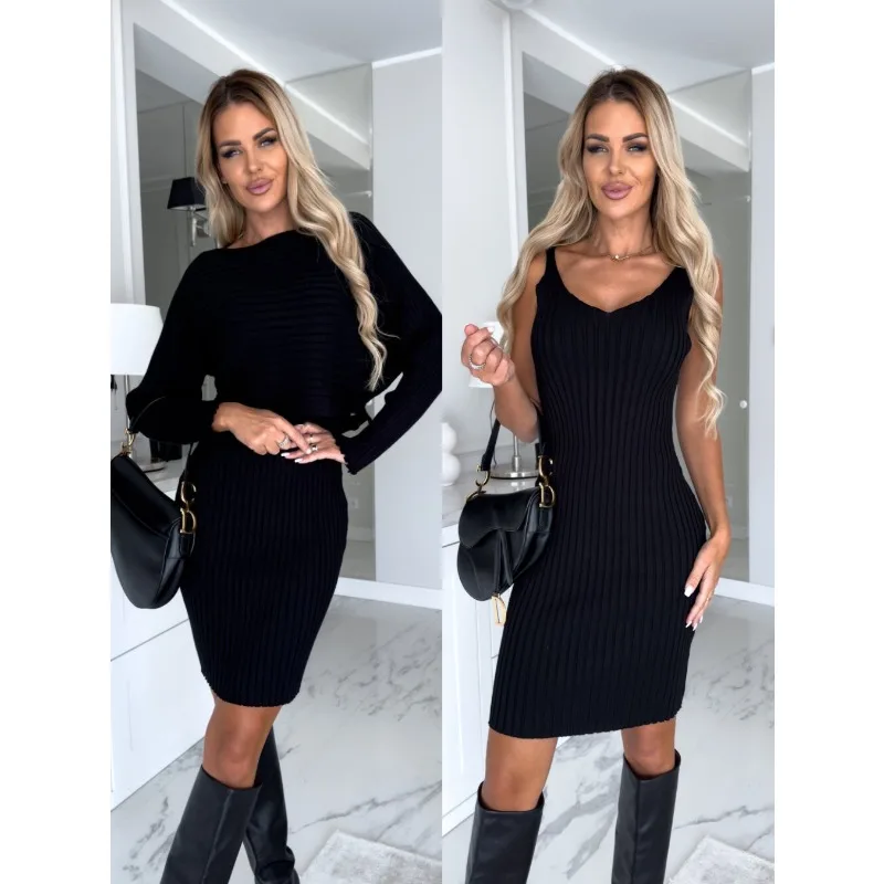 Women Long Sleeve O-Neck Pullover Top Spaghetti Strap V-neck Sleeveless Dress Suit Spring Autumn New Solid Slim Two-Piece Suit