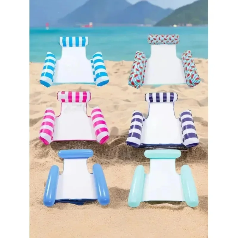 Adult Inflatable Striped Water Floating Bed Foldable Backrest Reclining Chair Single Hammock Swimming Pool Float Lounge Mat Summ