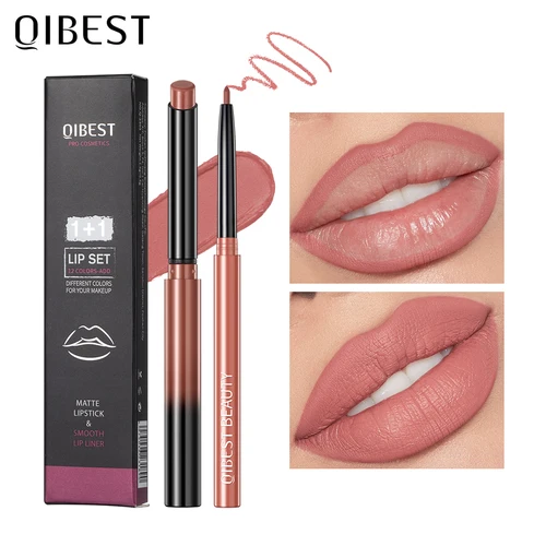 QIBEST lápiz labial mate desnudo lápiz labial de larga duración lápiz labial impermeable delineador de labios contorno Sexy juego de maquillaje de labios rojo para mujeres