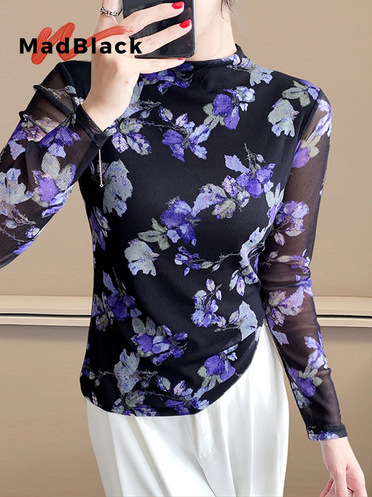 

MadBlack-Женская европейская футболка, сексуальная водолазка с цветочным принтом, рабочая одежда, тонкая сетчатая футболка с длинными рукавами S-3XL, осень 2021, T59812CC